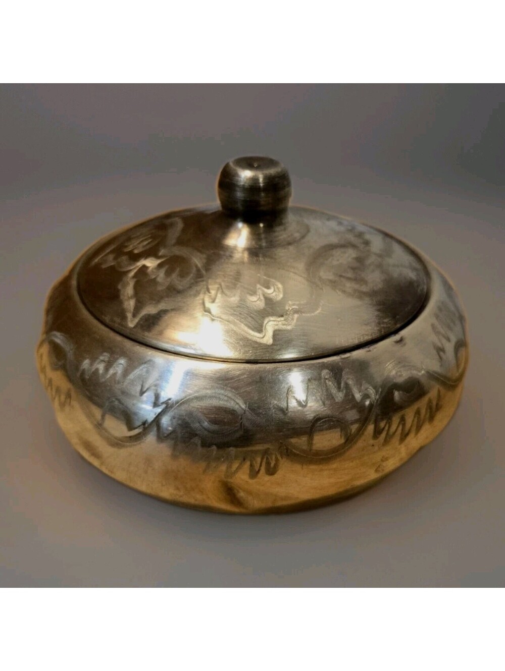 Vintage Brass Sugar Bowl w/ Cover 5.5" Diameter, Floral Etchings,